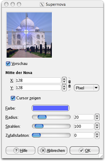 Eigenschaften für das Filter Supernova